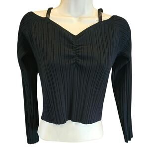 NWT ribbed knit strerch wide neck cropped black sweater minimalist XL evovera